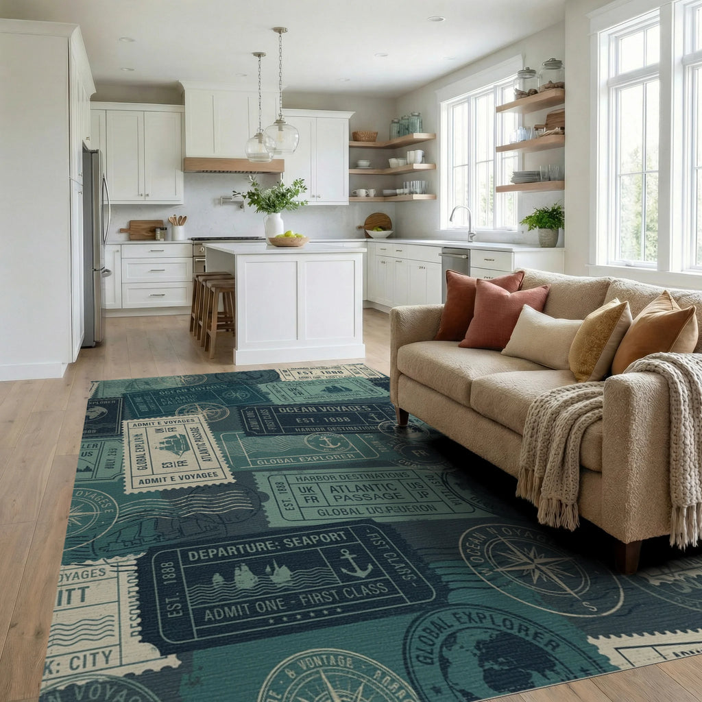 Ocean Voyages Stamps Collage Rug Living Room View