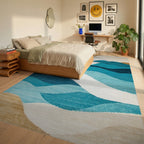 Ocean Wave Abstract Blues Tan Rug - Bedroom View