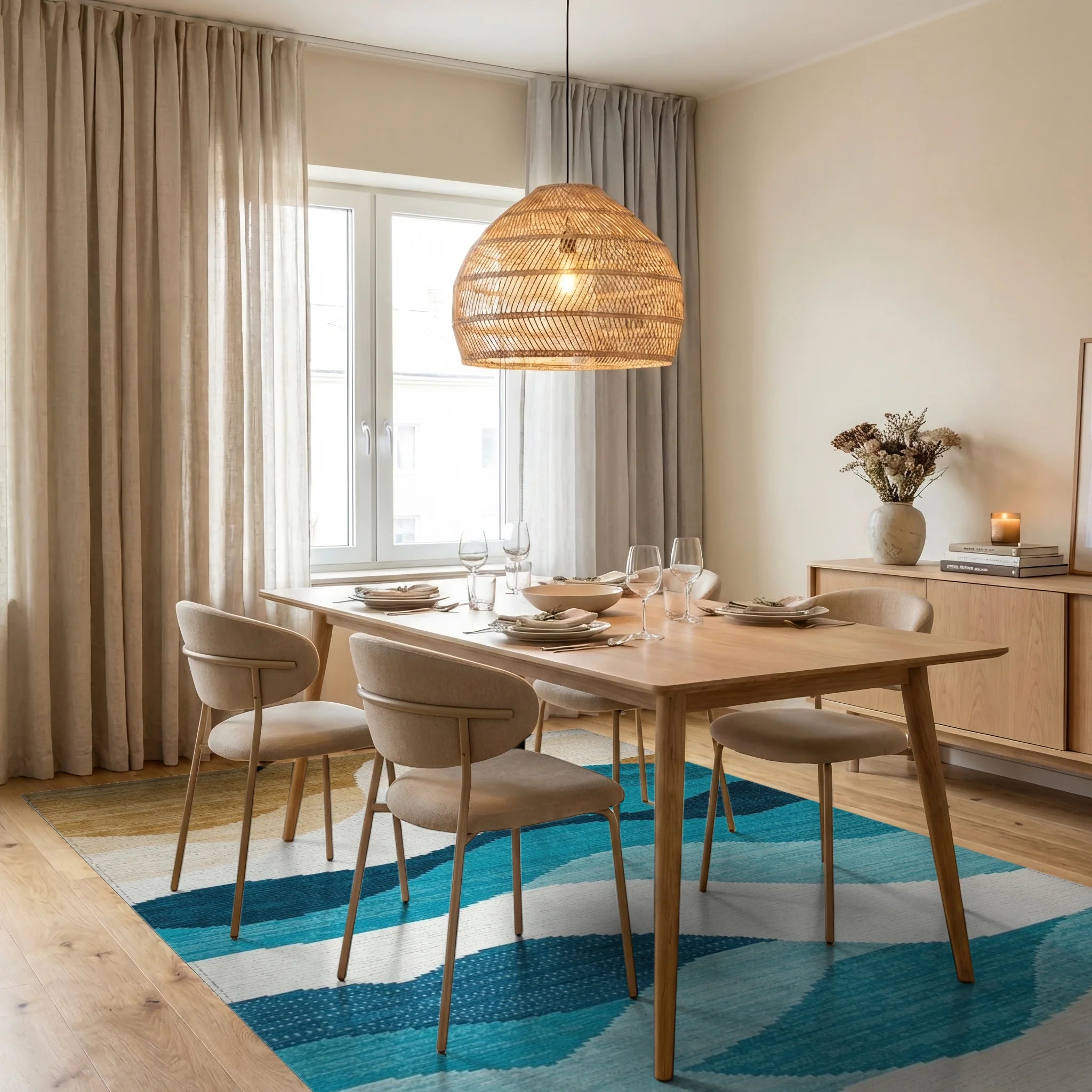 Ocean Wave Abstract Blues Tan Rug - Dining Room View