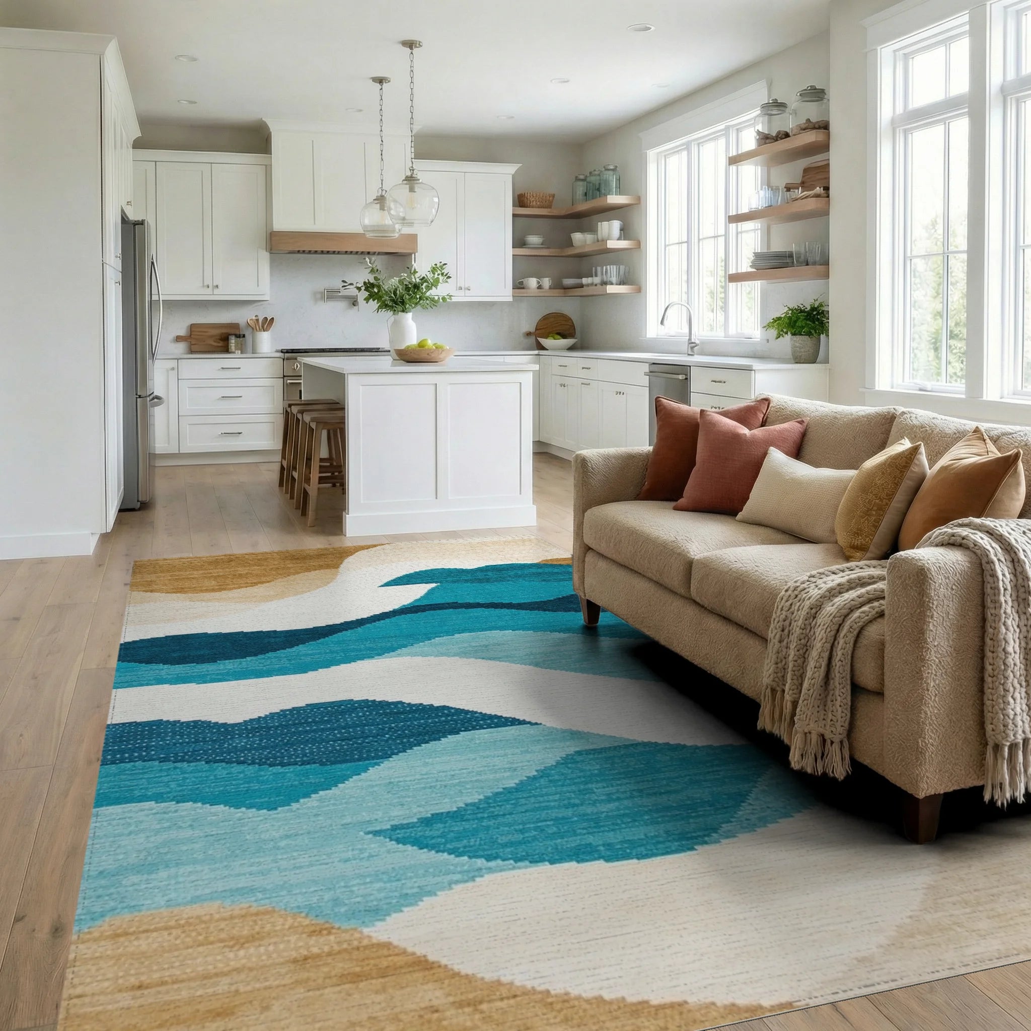 Ocean Wave Abstract Blues Tan Rug - Living Room View