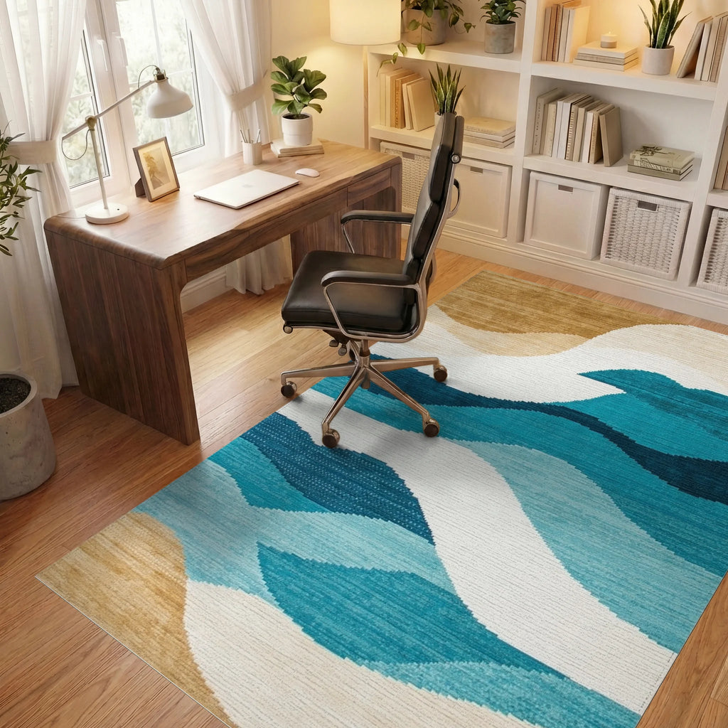 Ocean Wave Abstract Blues Tan Rug - Office View