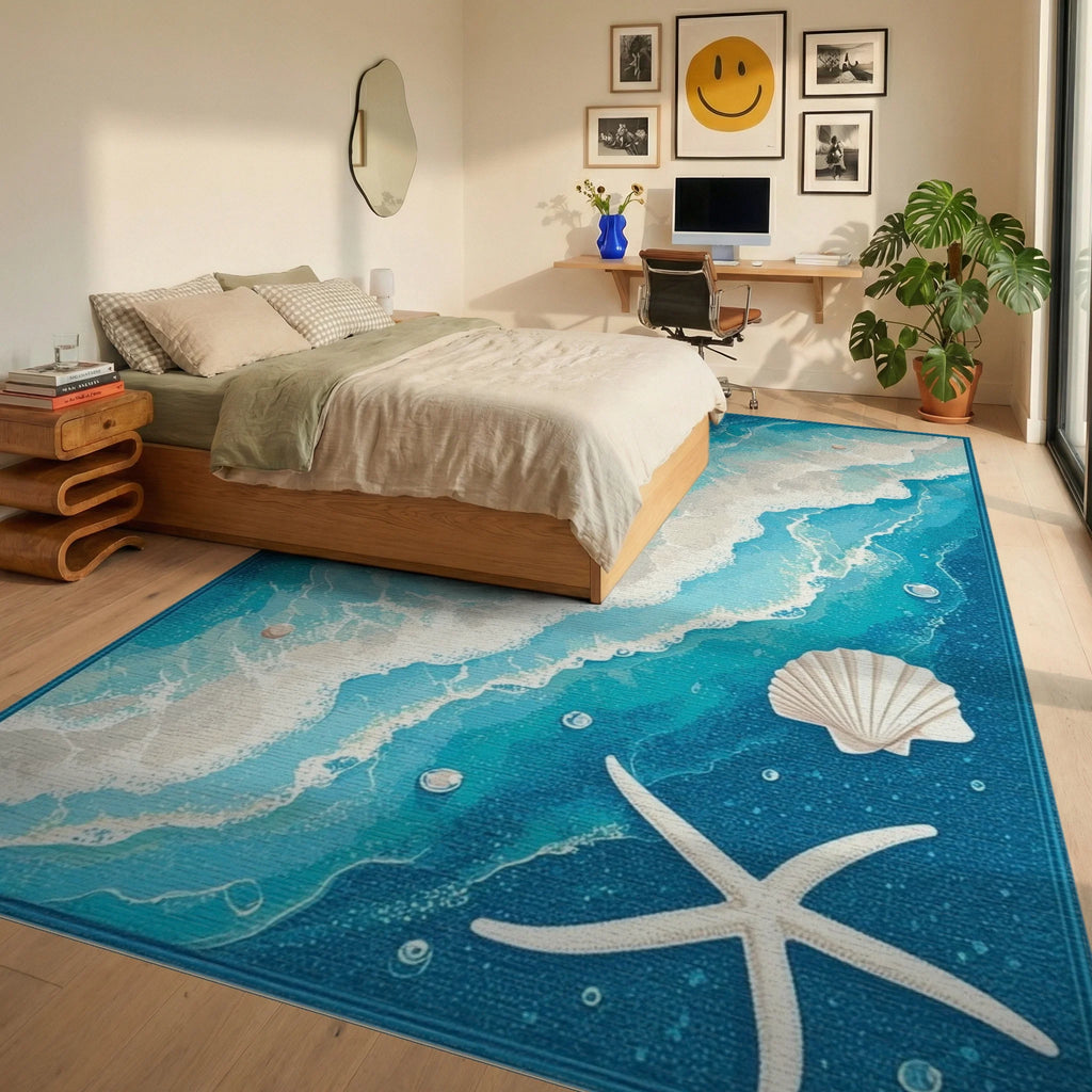 Ocean Wave Starfish Shell Pattern Rug - Bedroom View