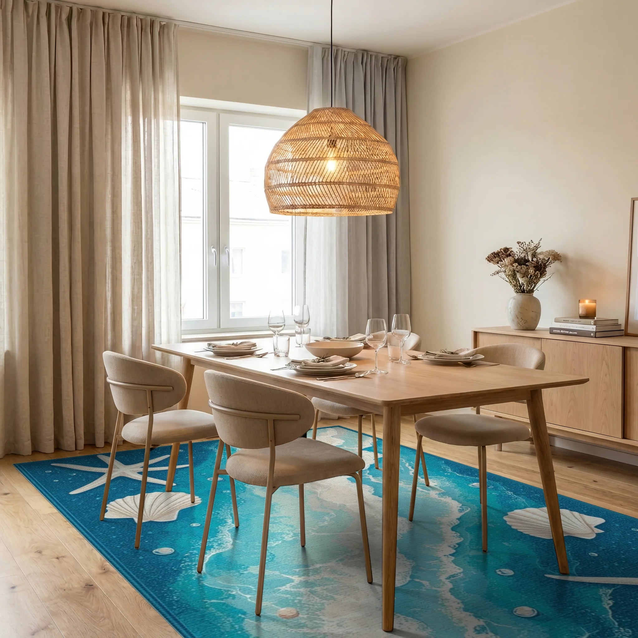 Ocean Wave Starfish Shell Pattern Rug - Dining Room View