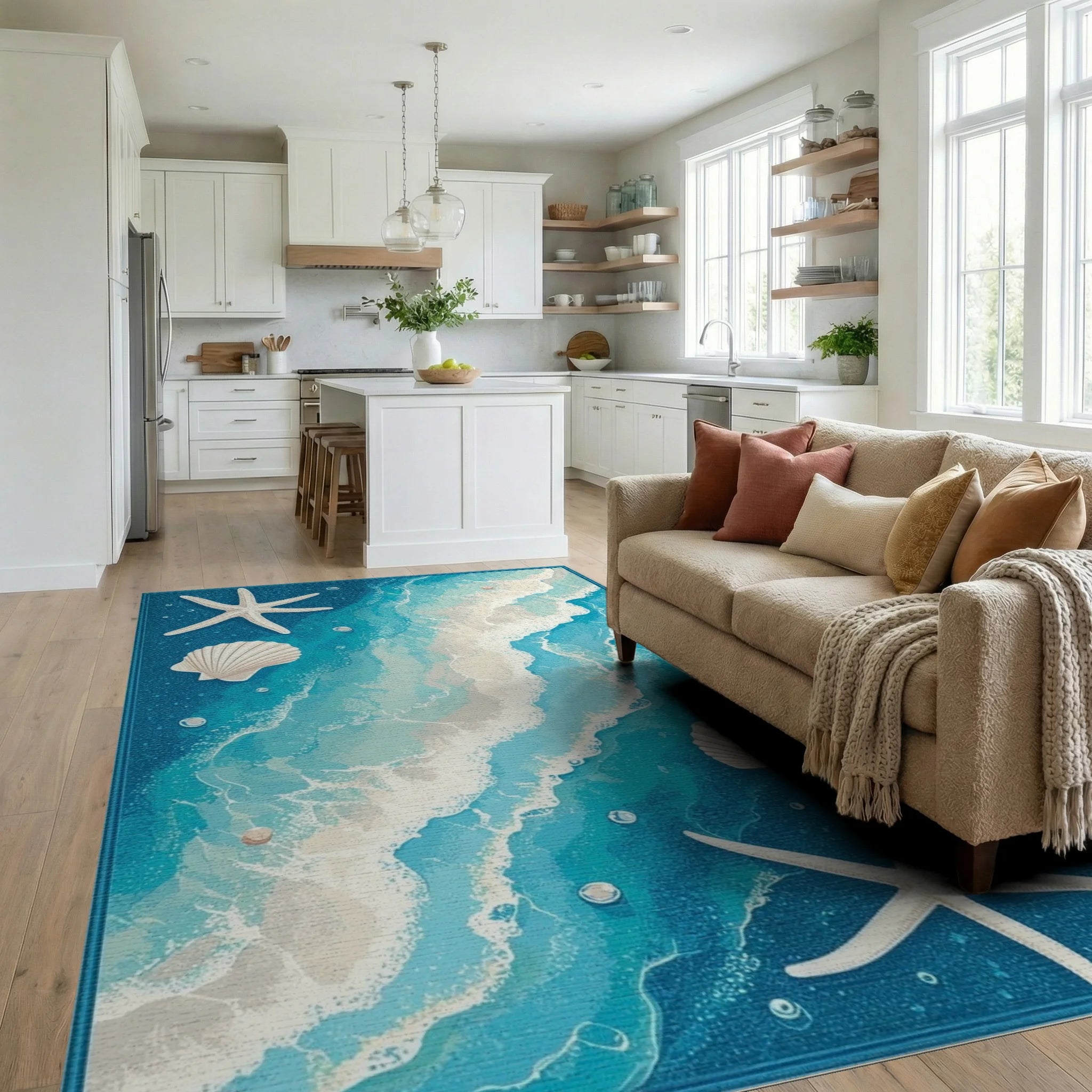 Ocean Wave Starfish Shell Pattern Rug - Living Room View
