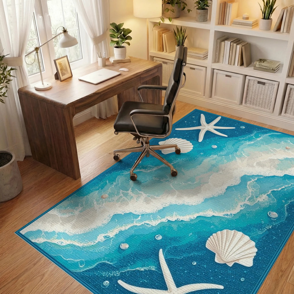 Ocean Wave Starfish Shell Pattern Rug - Office View
