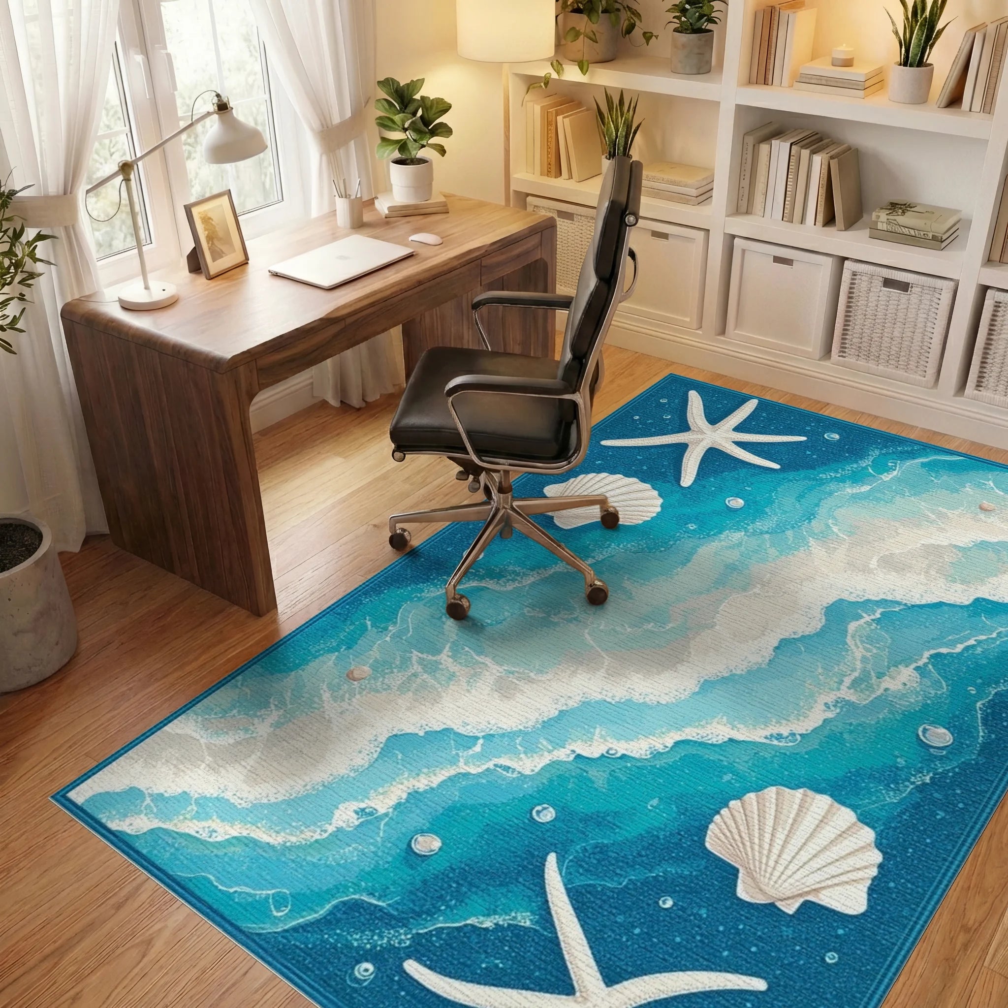 Ocean Wave Starfish Shell Pattern Rug - Office View