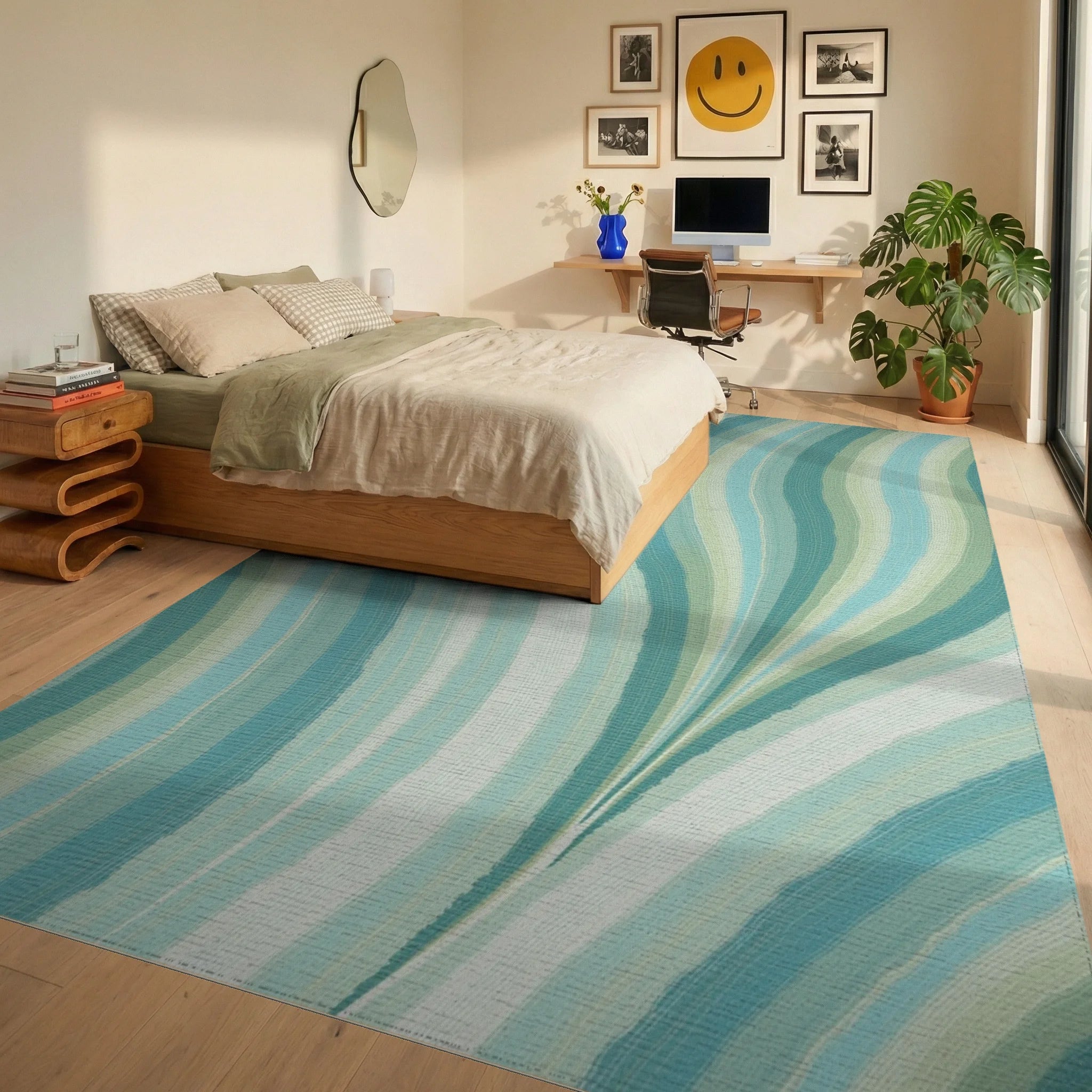 Ocean Wave Striped Pattern Rug Bedroom View