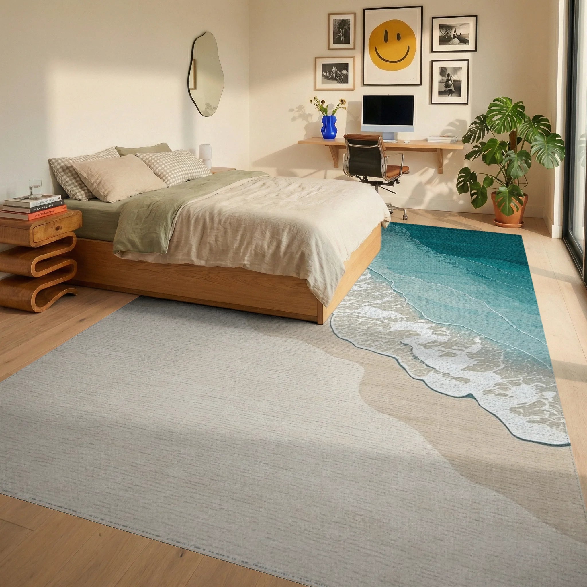 Ocean Waves Sandy Shore Design Rug - Bedroom View