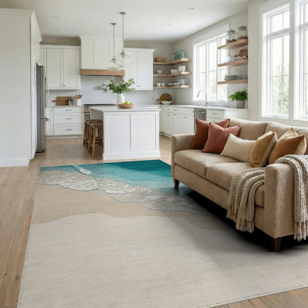 Ocean Waves Sandy Shore Design Rug - Living Room View