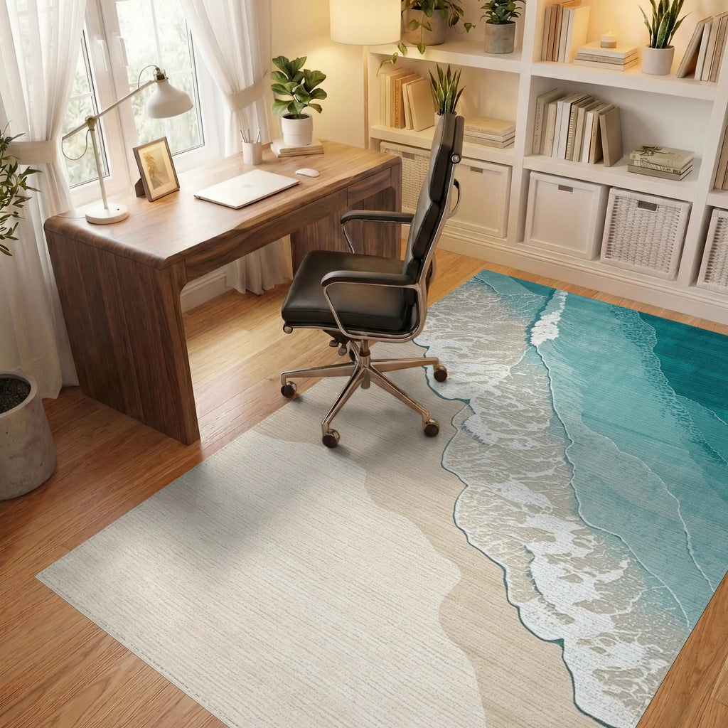 Ocean Waves Sandy Shore Design Rug - Office View