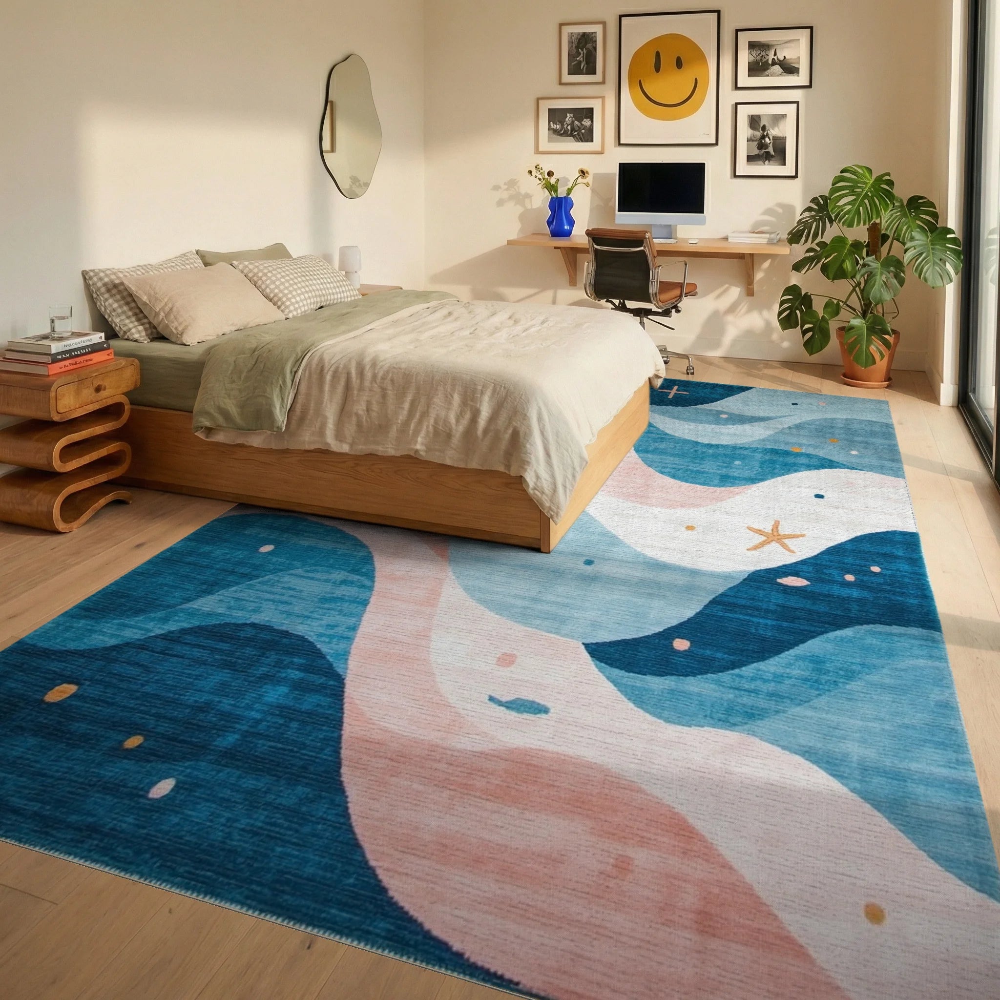 Ocean Waves Starfish Coral Rug - Bedroom View