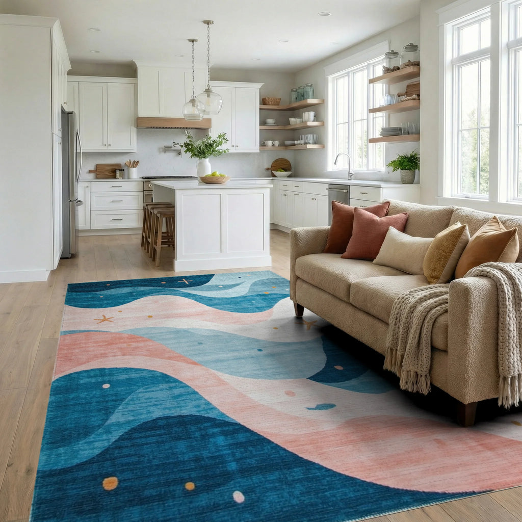 Ocean Waves Starfish Coral Rug - Living Room View