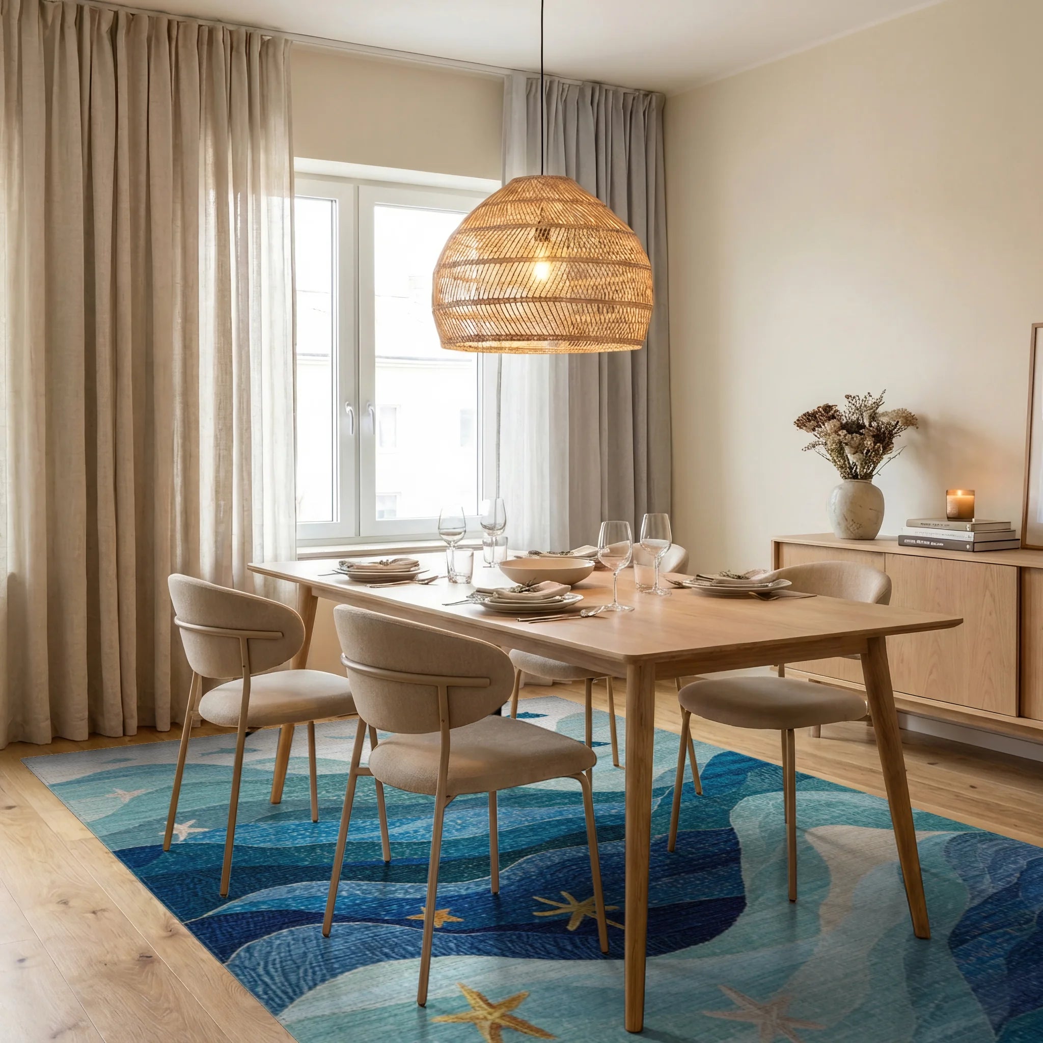Ocean Waves Starfish Fish Sun Rug - Dining Room View
