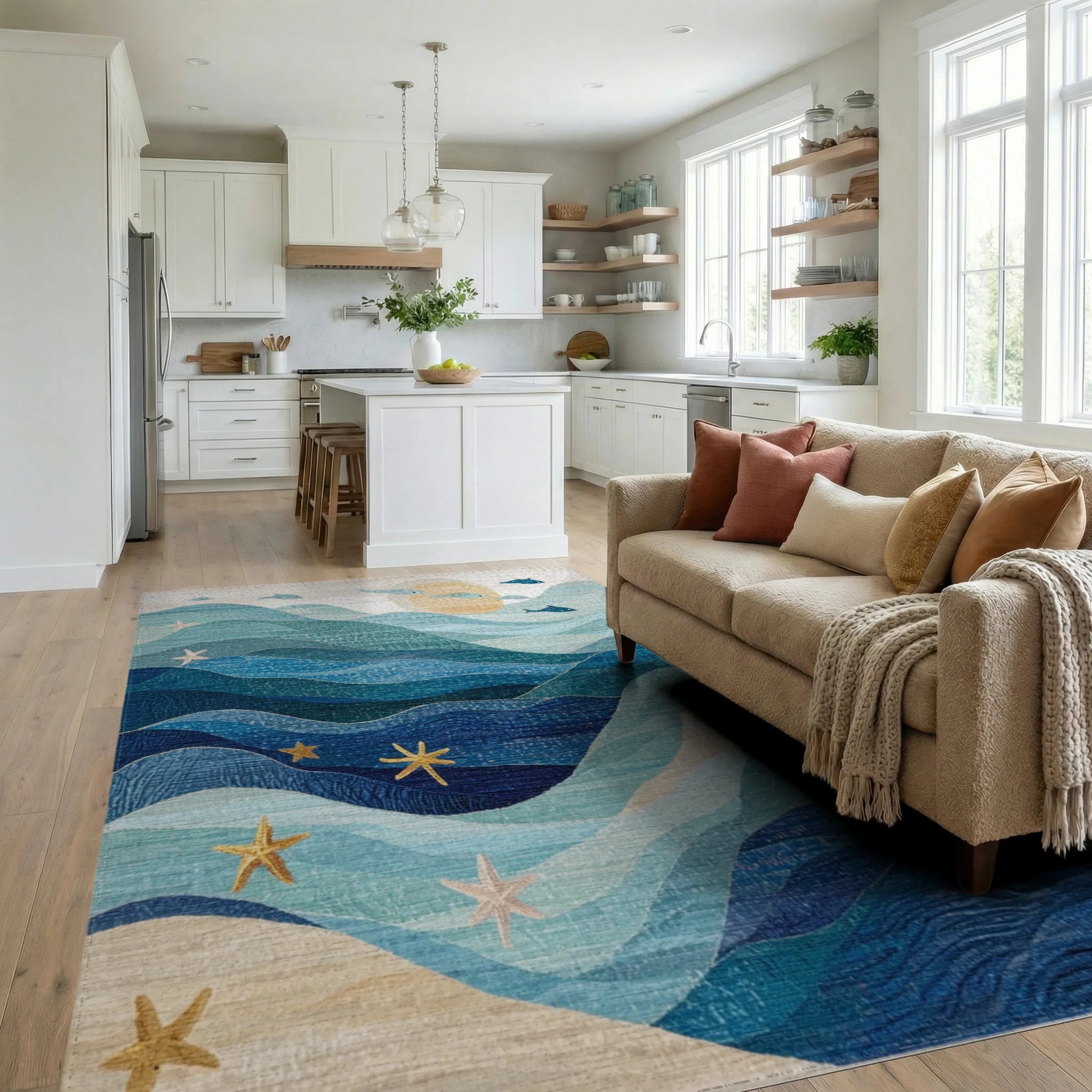 Ocean Waves Starfish Fish Sun Rug - Living Room View