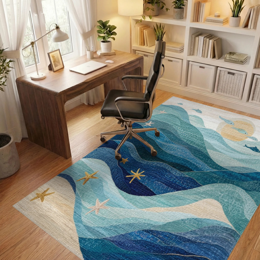 Ocean Waves Starfish Fish Sun Rug - Office View