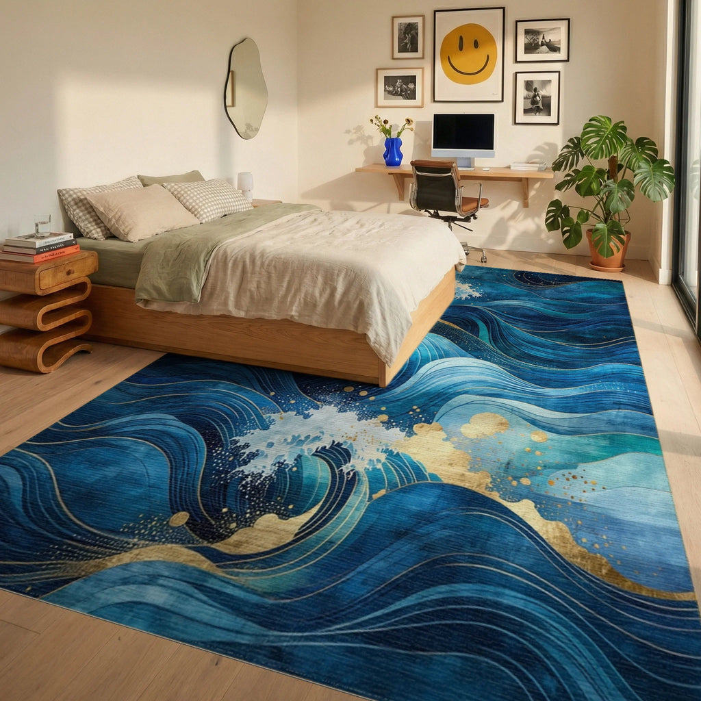 Ocean Waves with Gold Accents Rug - Bedroom View