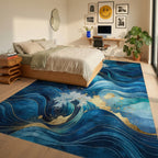 Ocean Waves with Gold Accents Rug - Bedroom View