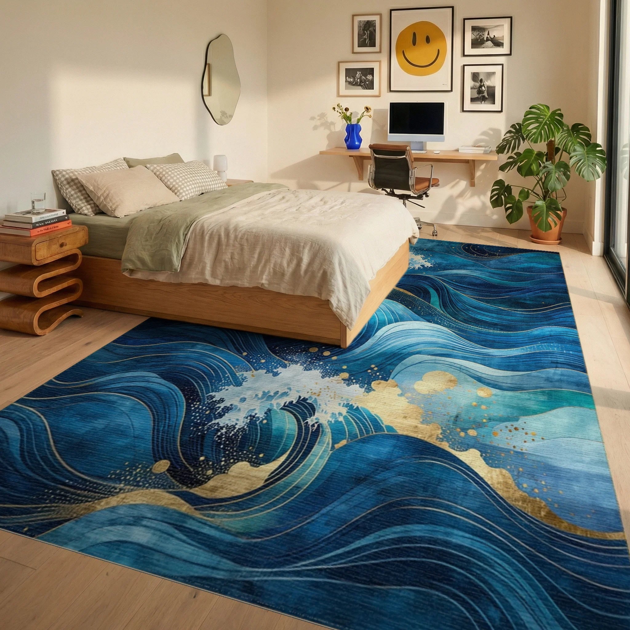 Ocean Waves with Gold Accents Rug - Bedroom View