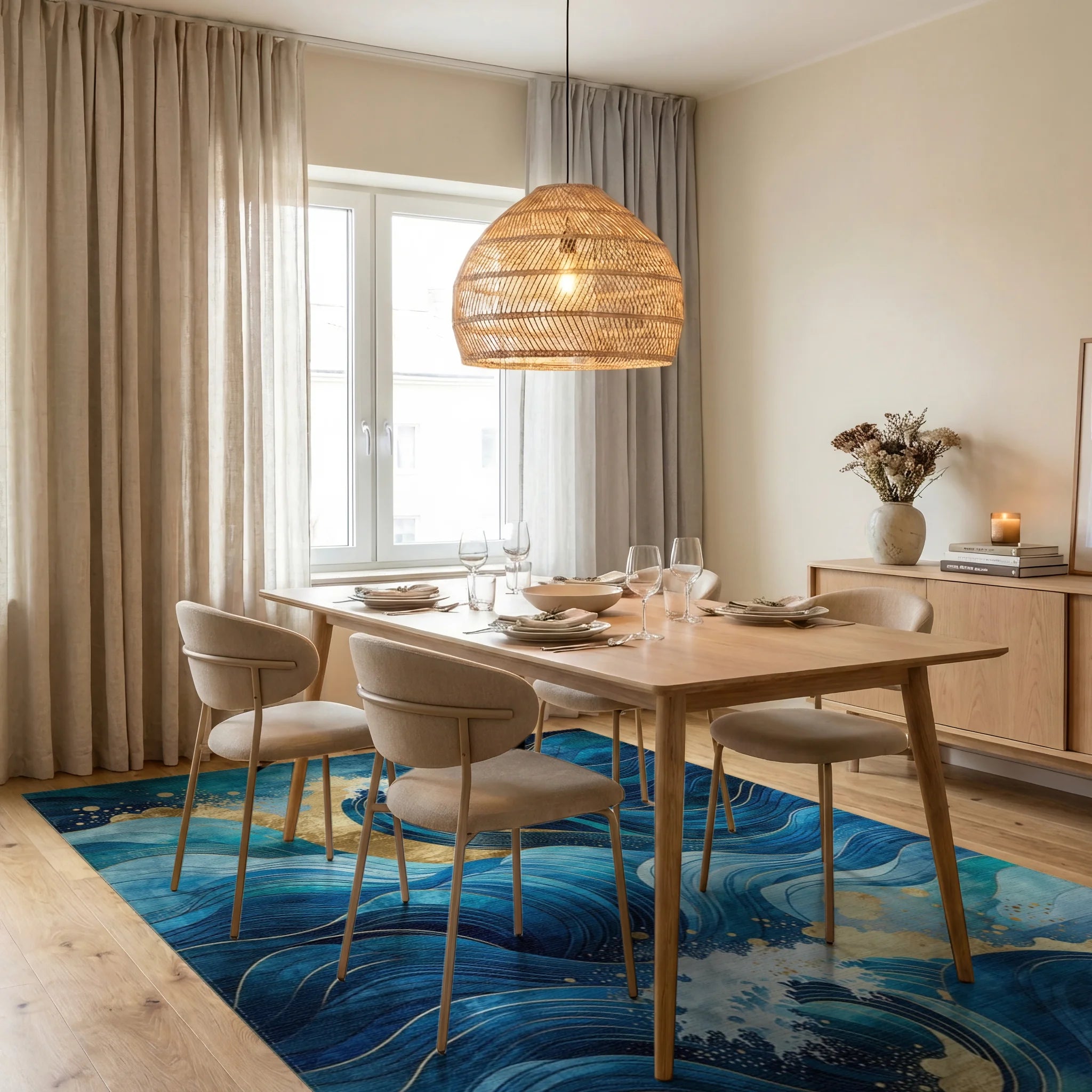 Ocean Waves with Gold Accents Rug - Dining Room View