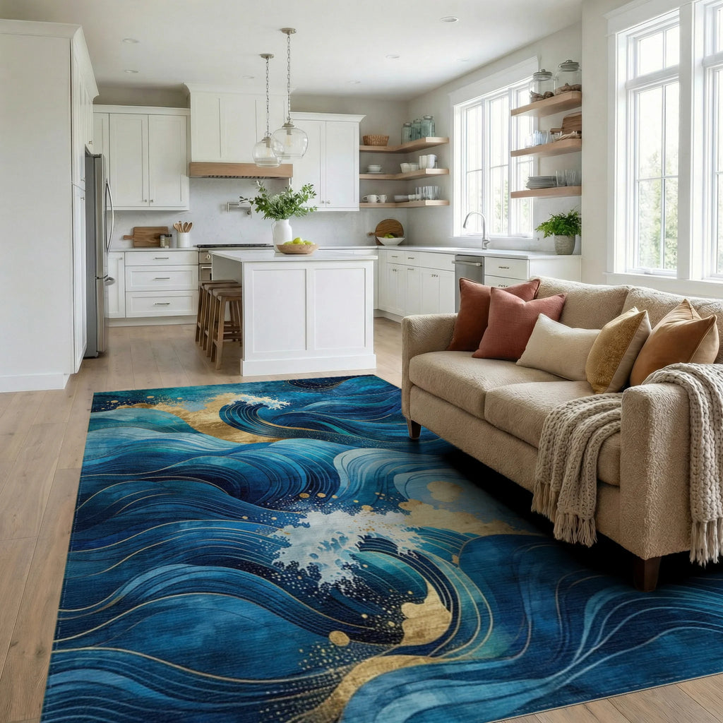 Ocean Waves with Gold Accents Rug - Living Room View