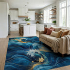 Ocean Waves with Gold Accents Rug - Living Room View