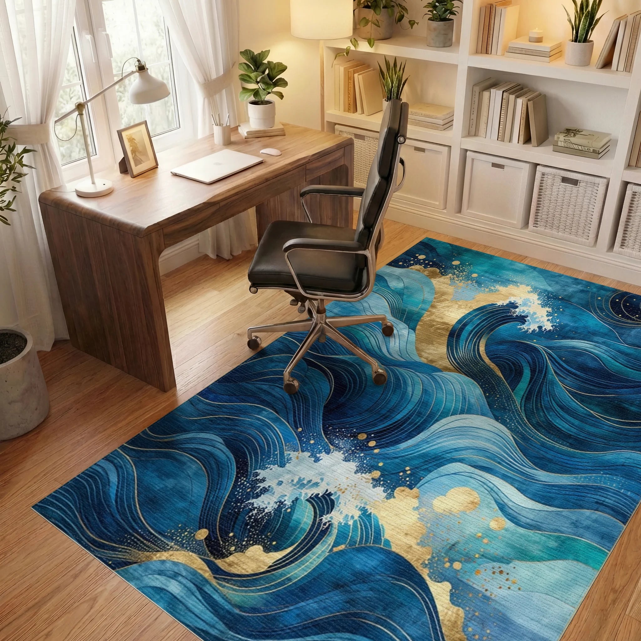Ocean Waves with Gold Accents Rug - Office View