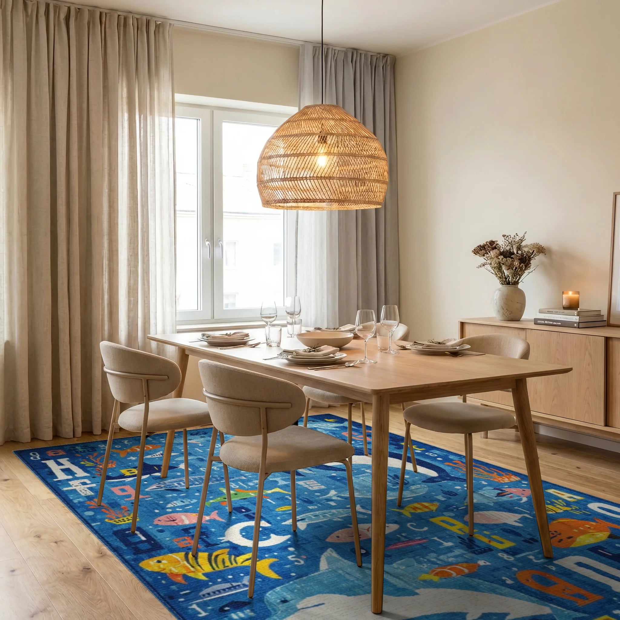 Oceanic Alphabet Dolphin Fish Collection Rug - Dining Room View