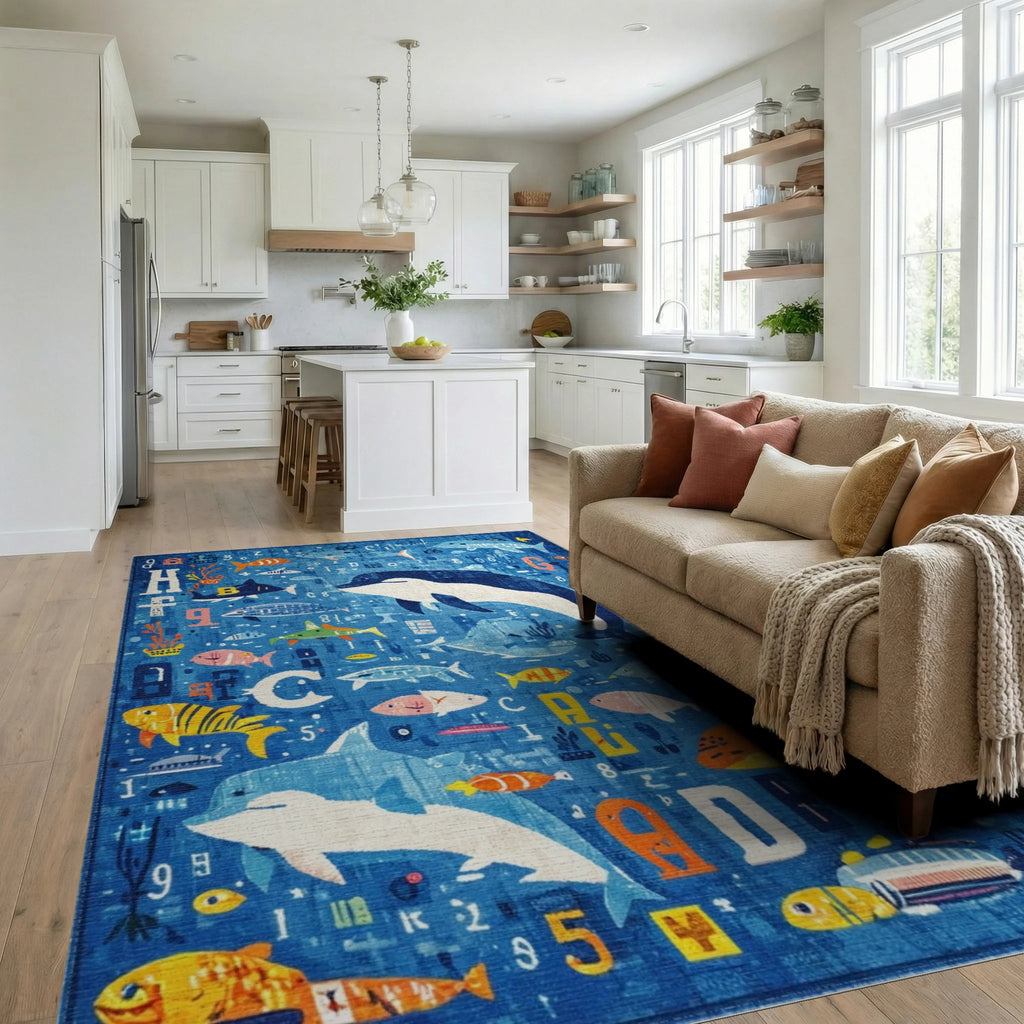 Oceanic Alphabet Dolphin Fish Collection Rug - Living Room View