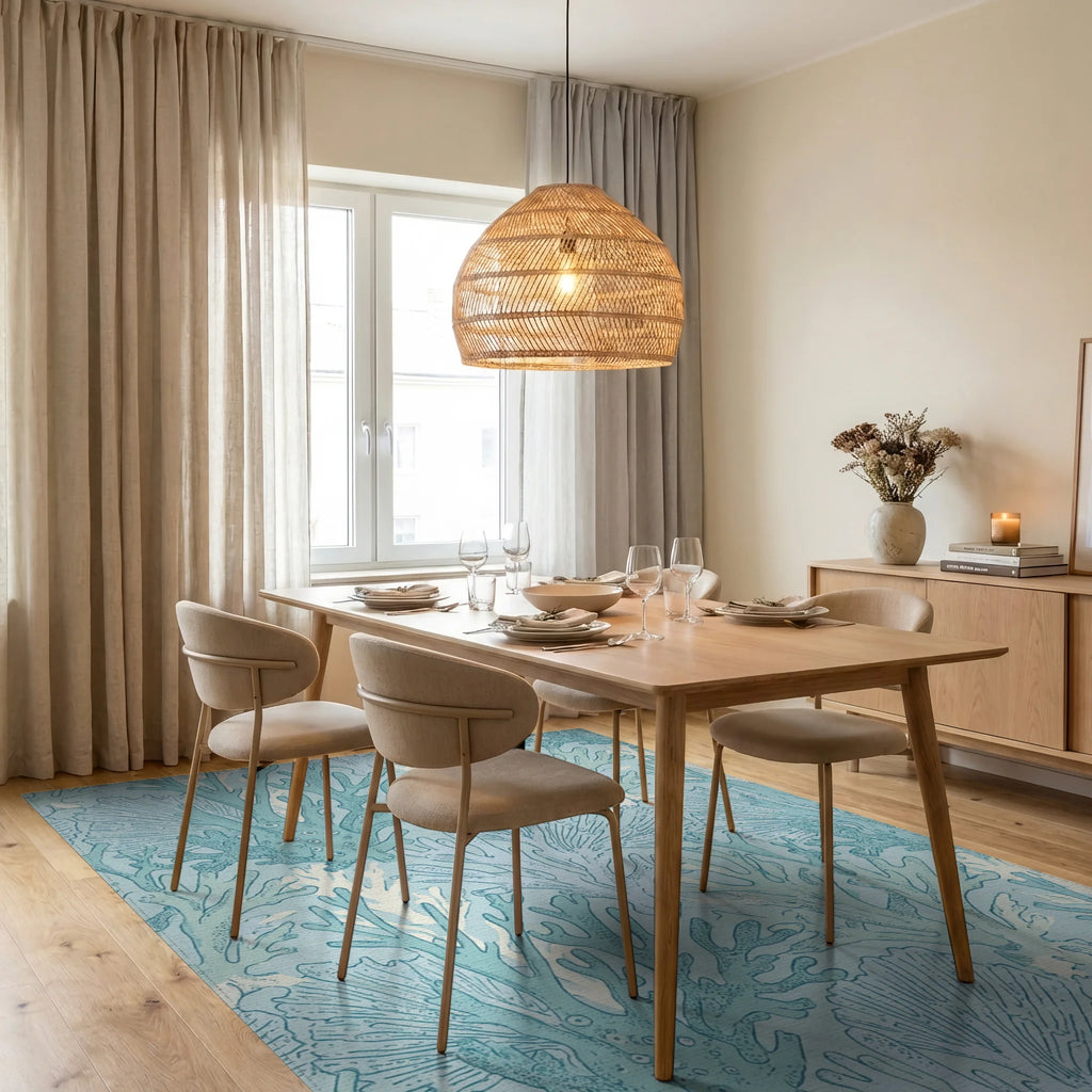Oceanic Blue Coral Branch Arrangement Rug Dining Room View