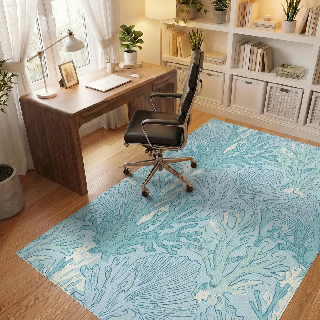 Oceanic Blue Coral Branch Arrangement Rug Office View