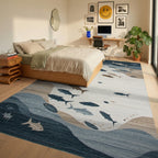 Oceanic Blue Fish School Rug - Bedroom View