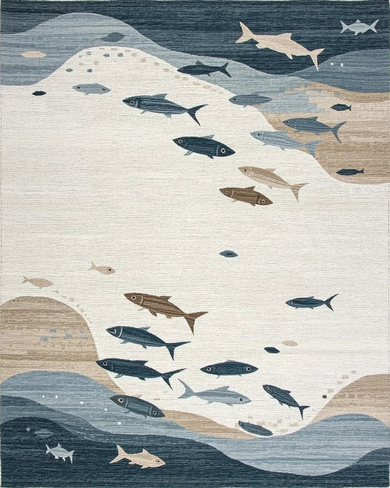 Oceanic Blue Fish School Rug - Cutout View