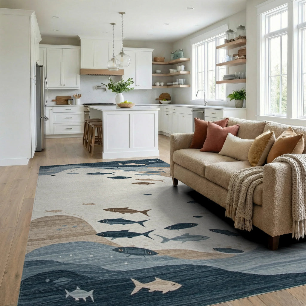 Oceanic Blue Fish School Rug - Living Room View