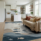 Oceanic Blue Fish School Rug - Living Room View