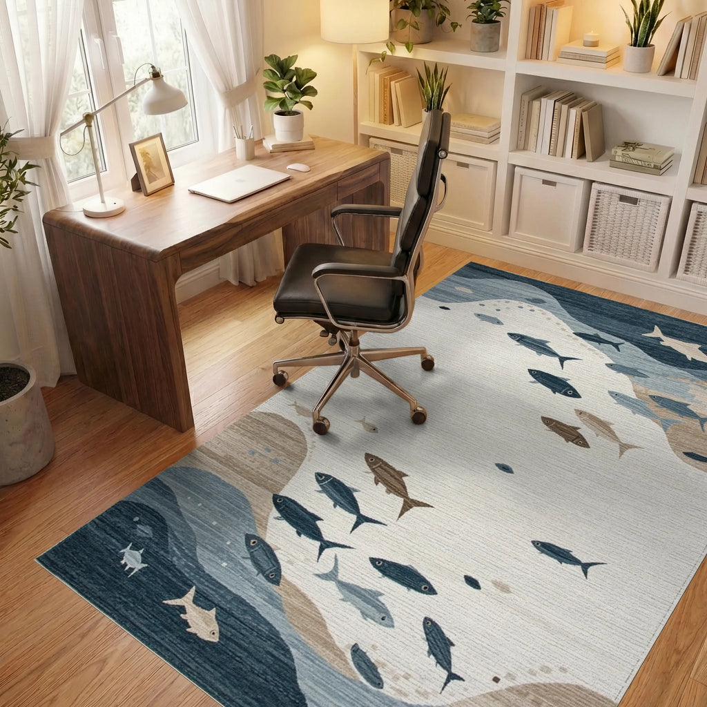 Oceanic Blue Fish School Rug - Office View