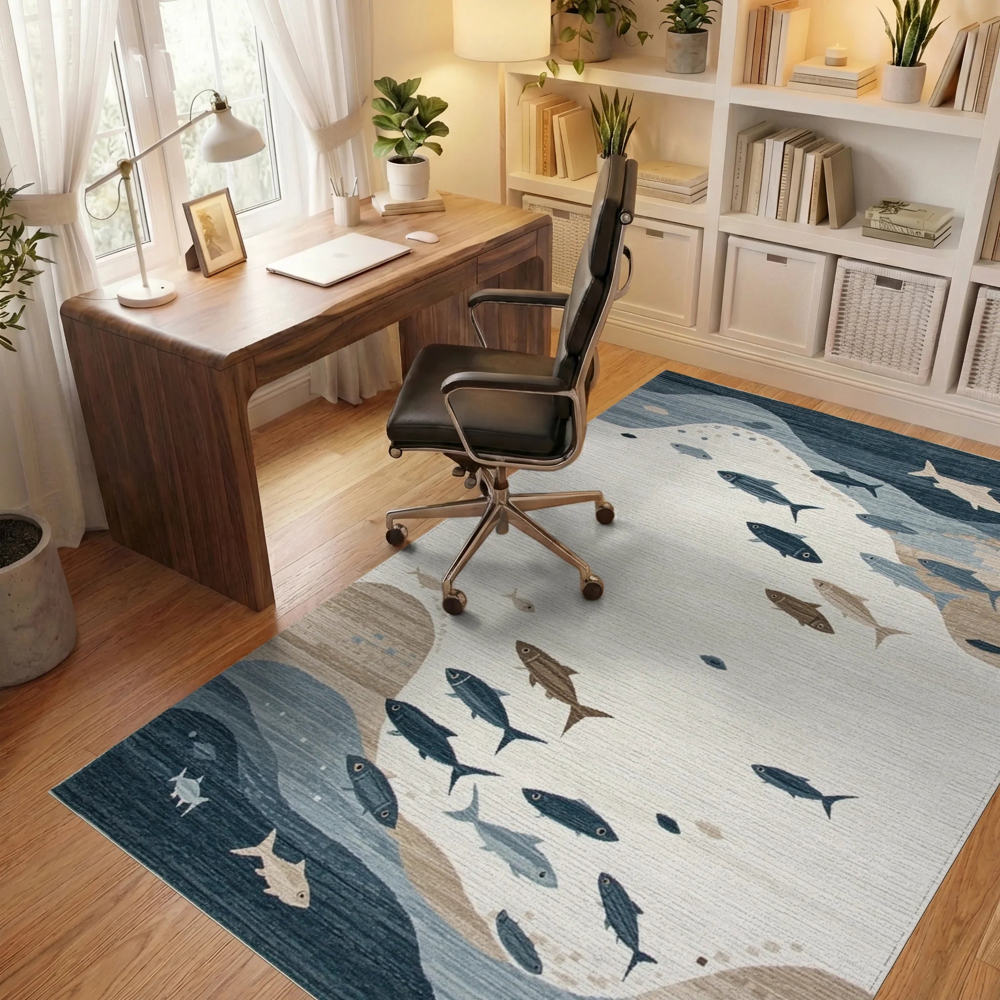 Oceanic Blue Fish School Rug - Office View