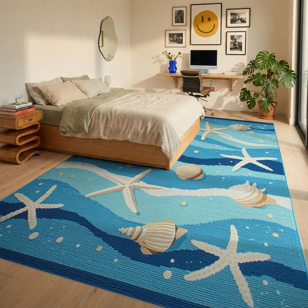 Oceanic Blue Shells Starfish Waves Rug - Bedroom View