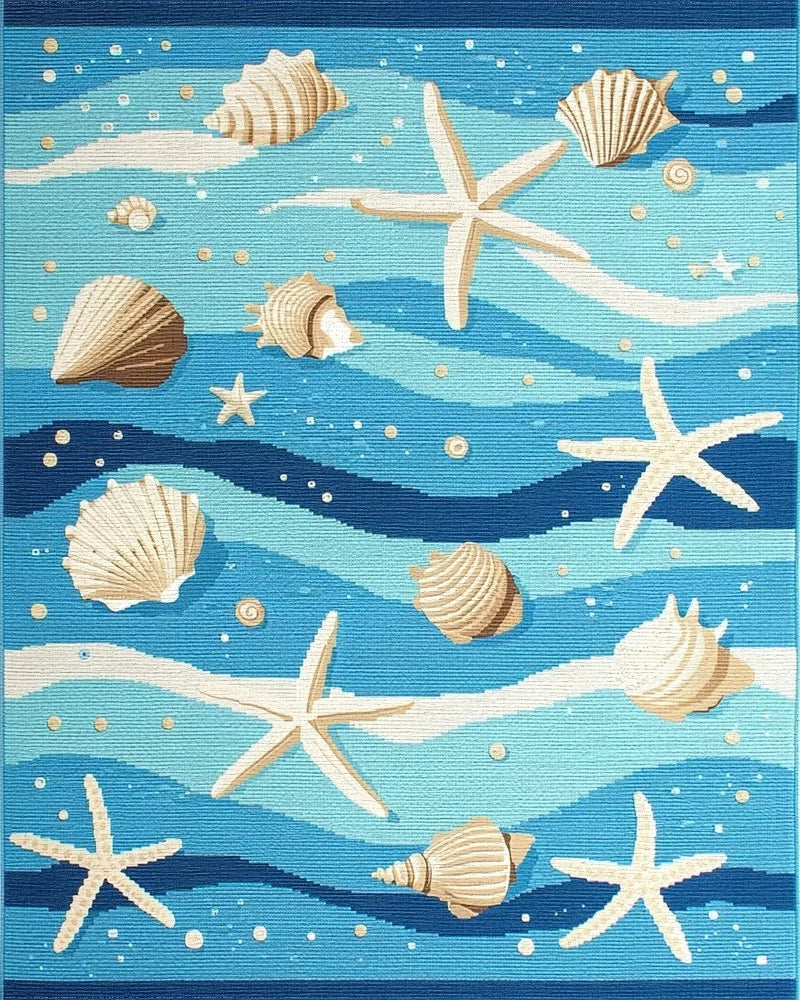 Oceanic Blue Shells Starfish Waves Rug - Cutout View