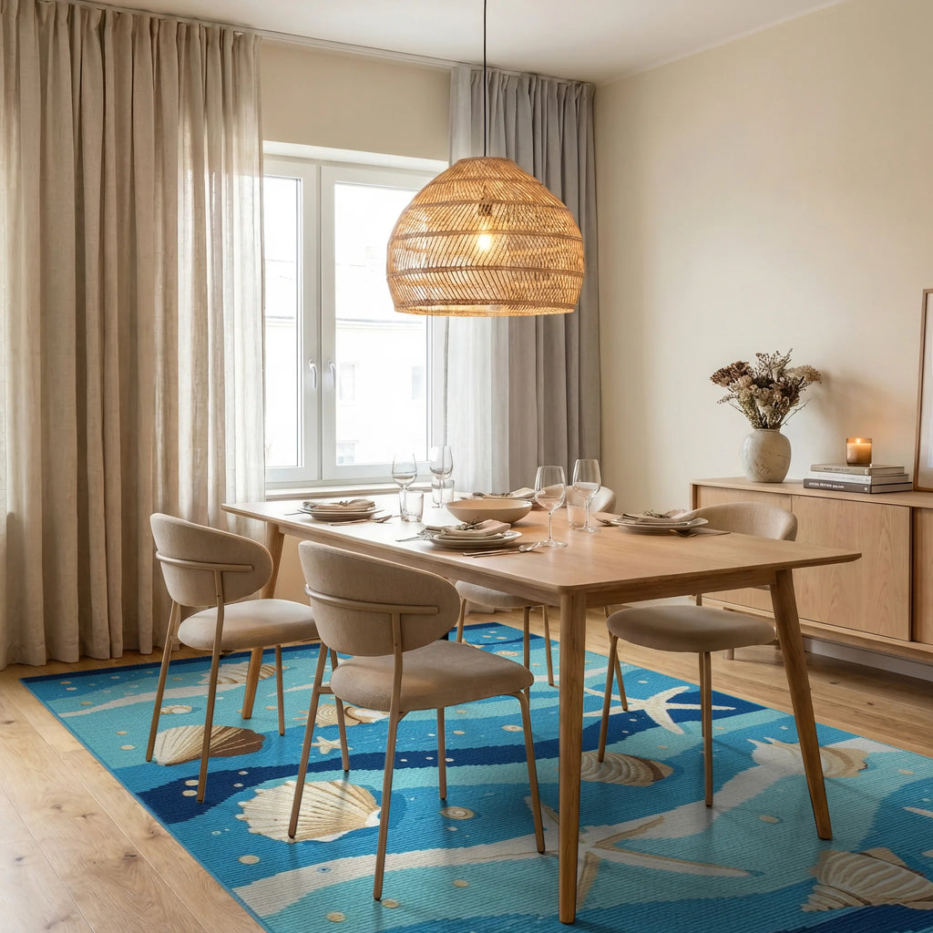 Oceanic Blue Shells Starfish Waves Rug - Dining Room View