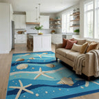 Oceanic Blue Shells Starfish Waves Rug - Living Room View