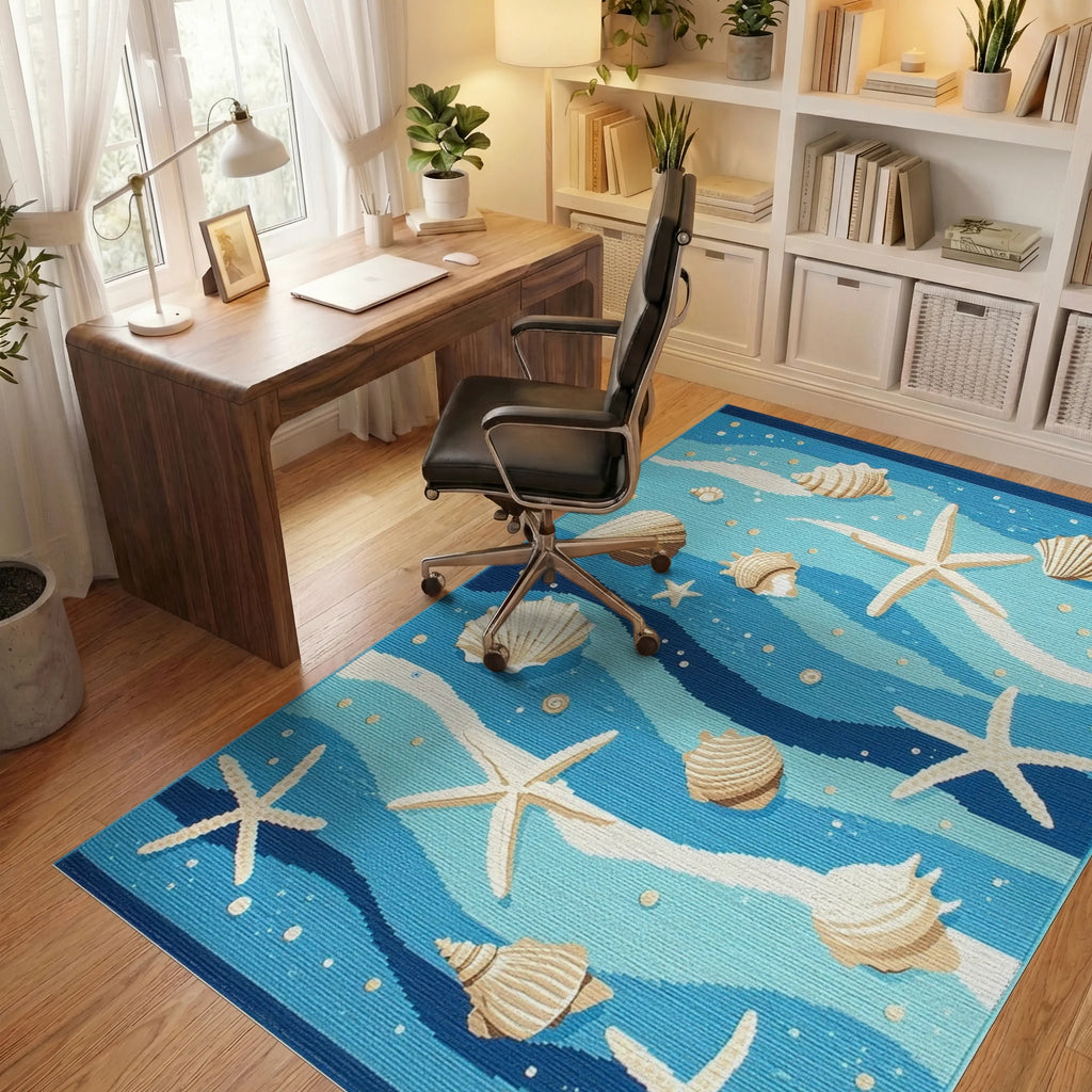 Oceanic Blue Shells Starfish Waves Rug - Office View