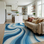 Oceanic Blue Swirl Marble Rug Living Room View