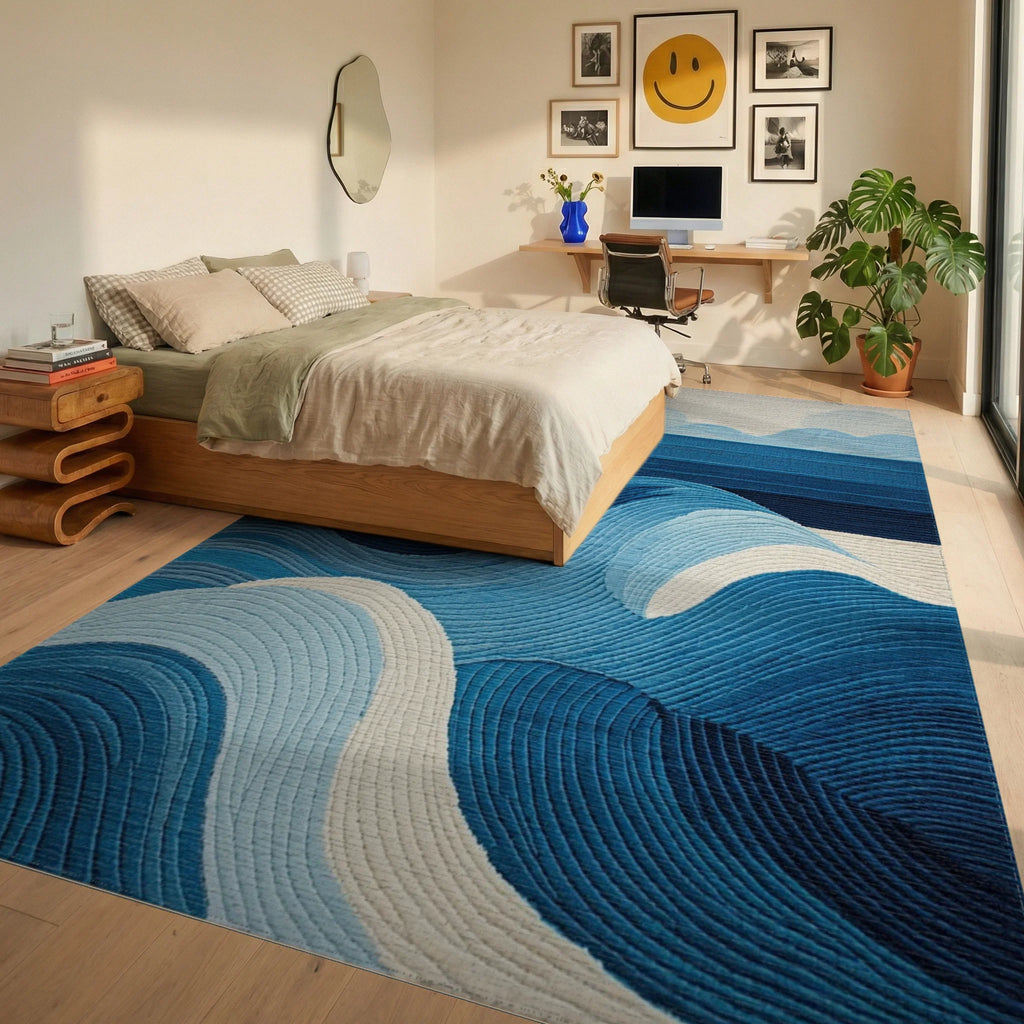 Oceanic Blue Wave Contemporary Rug - Bedroom View
