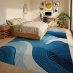 Oceanic Blue Wave Contemporary Rug - Bedroom View