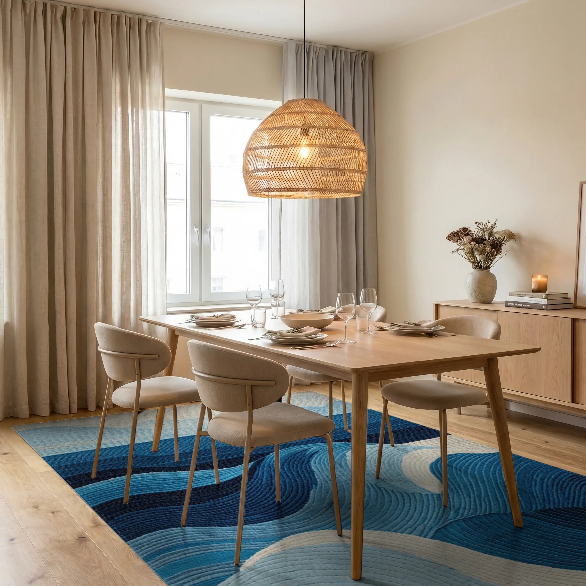 Oceanic Blue Wave Contemporary Rug - Dining Room View
