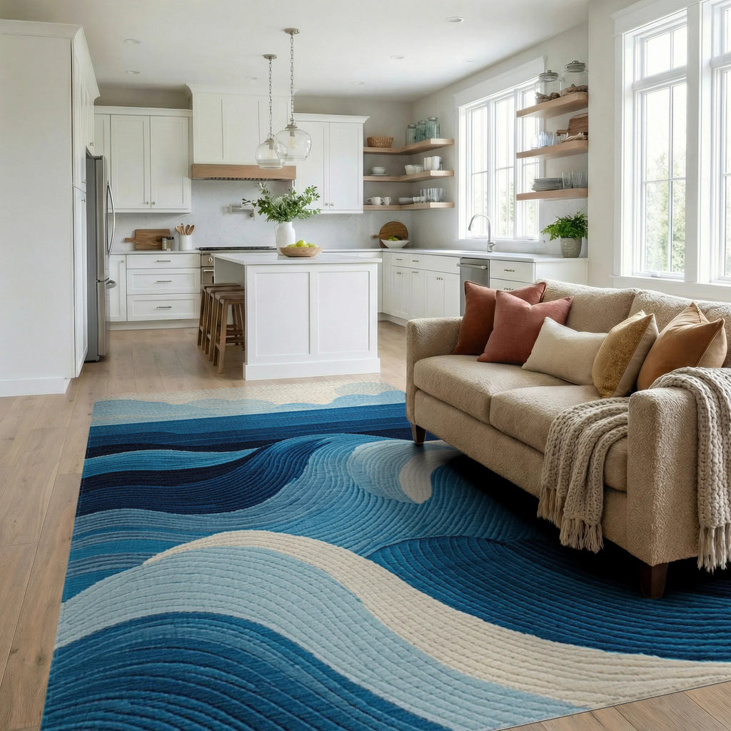 Oceanic Blue Wave Contemporary Rug - Living Room View