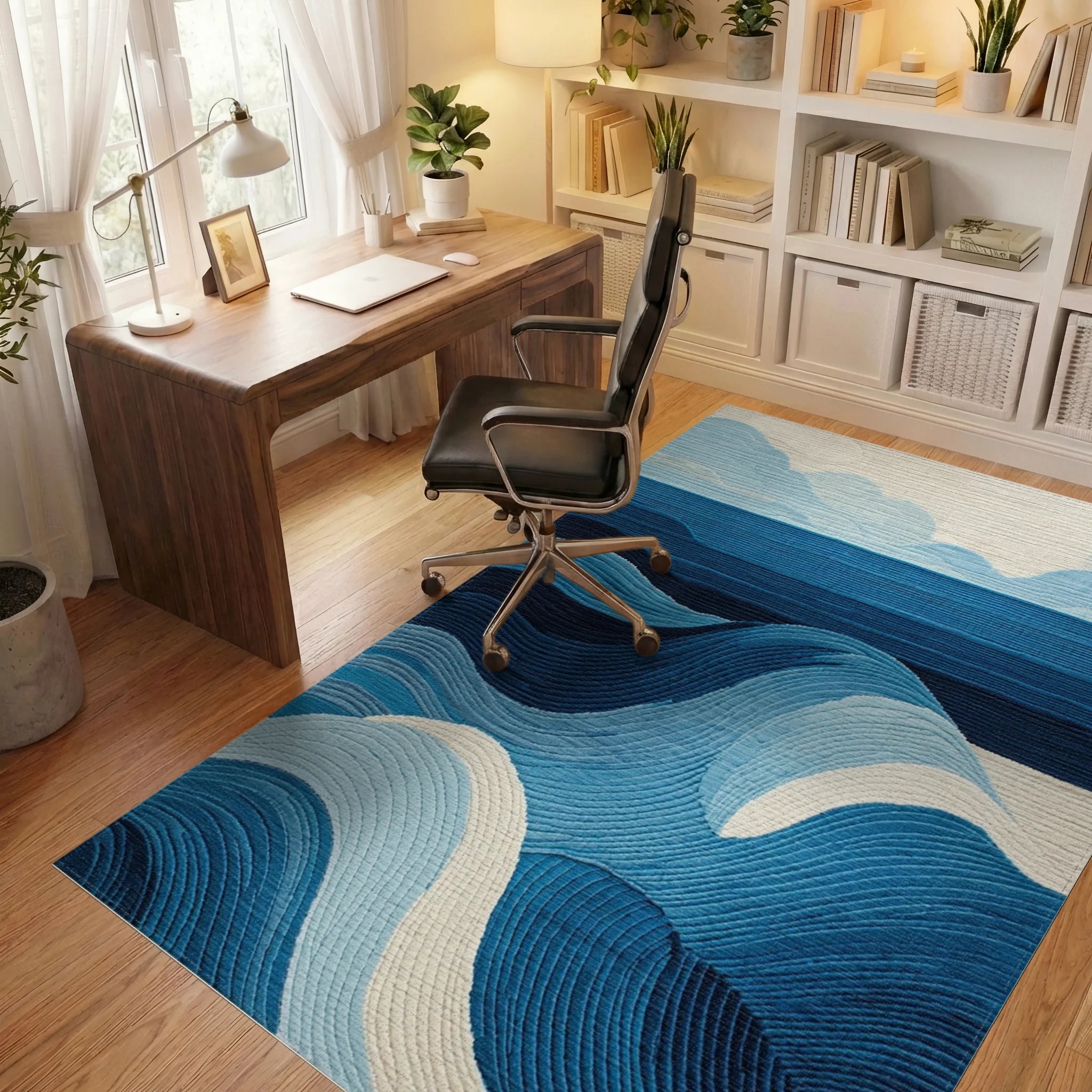 Oceanic Blue Wave Contemporary Rug - Office View