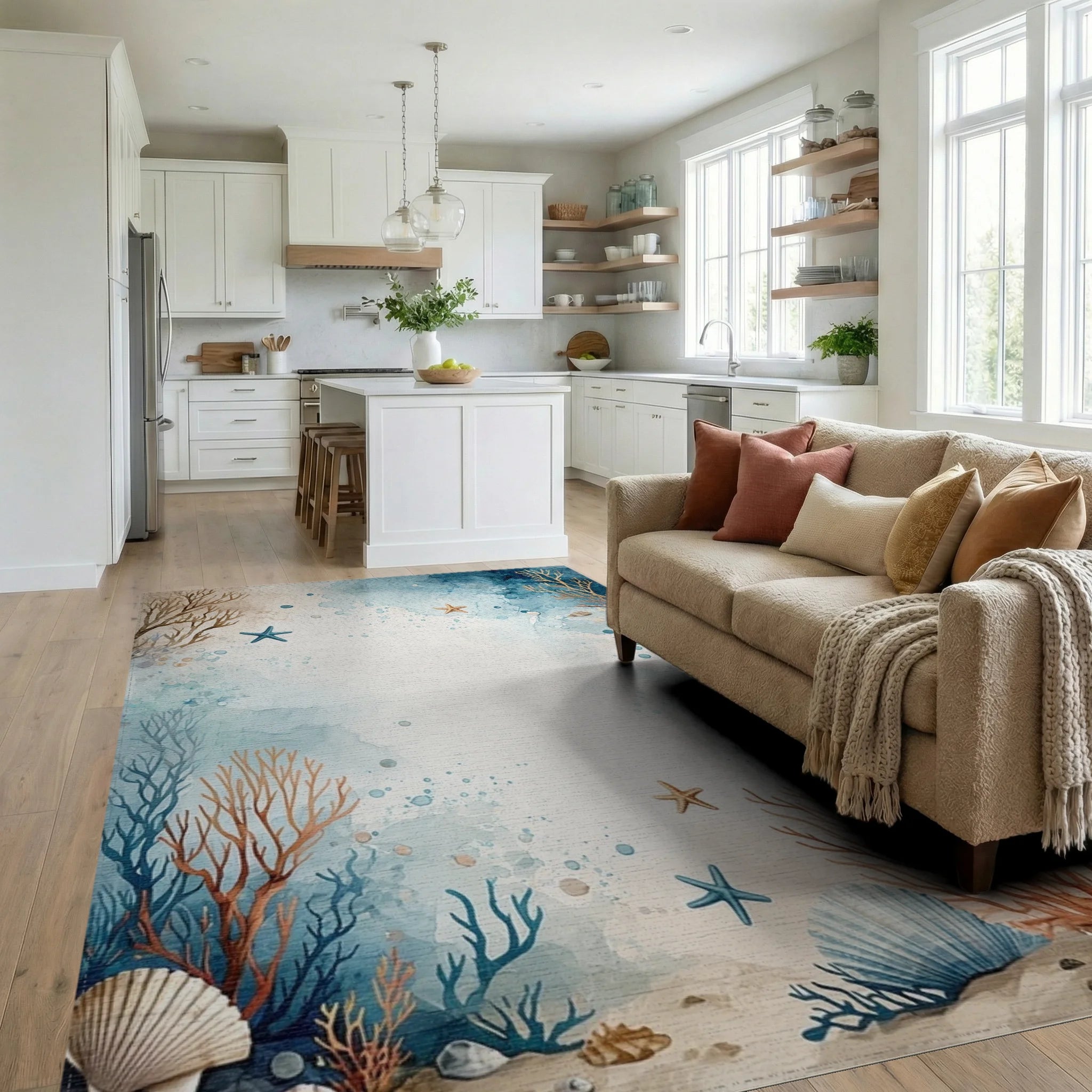 Oceanic Coral And Starfish Pattern Rug Living Room View