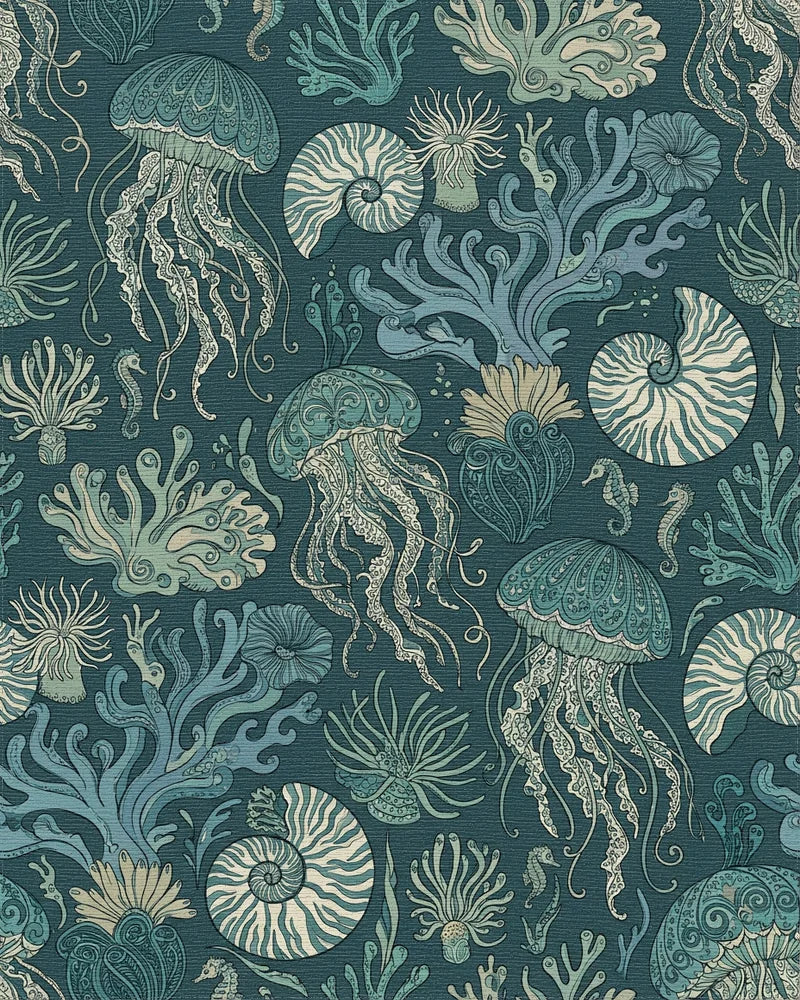 Oceanic Jellyfish Coral Nautilus Seascape Rug - Cutout View