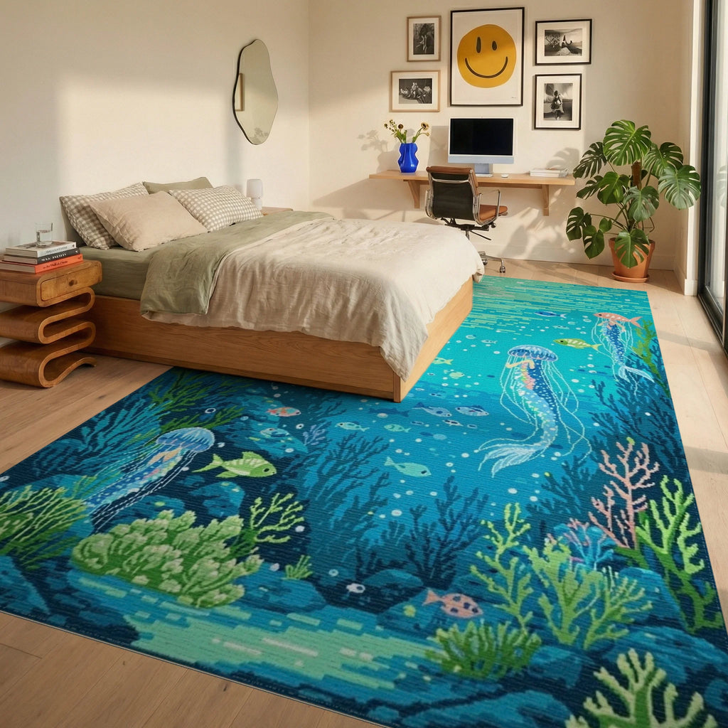 Oceanic Jellyfish Coral Reef Scene Rug - Bedroom View